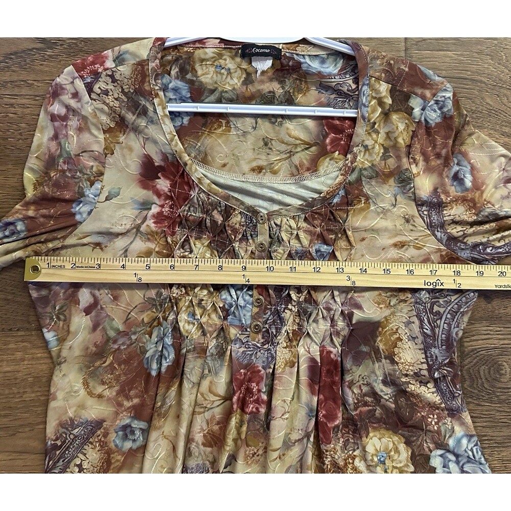 Cocomo Floral Boho Tunic Top S/M Pintuck Henley 3/4 Sleeve Handkerchief Hem - Picture 6 of 8
